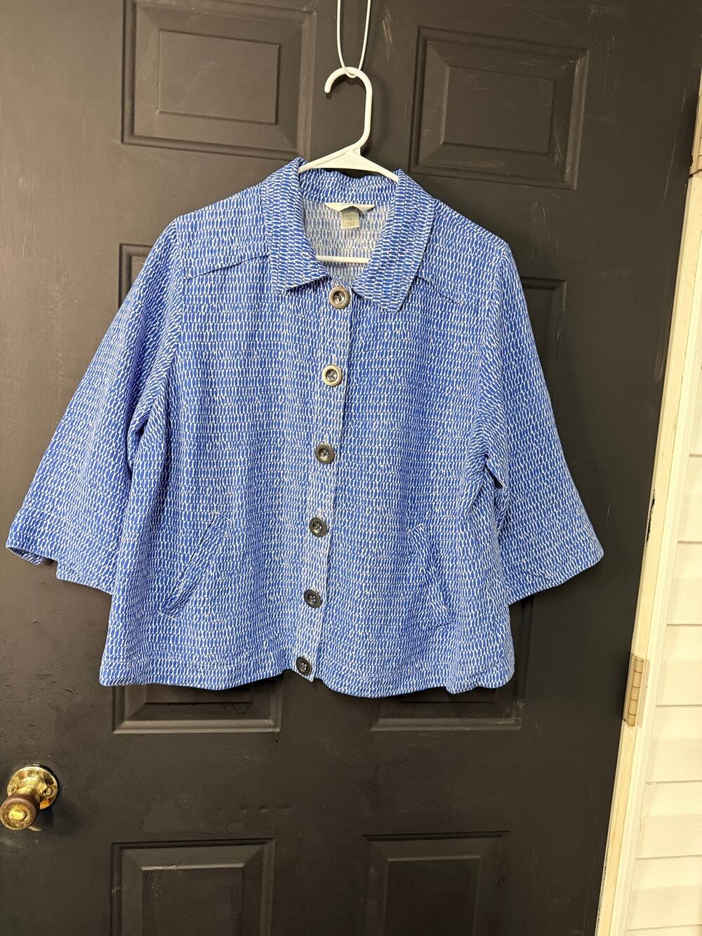 Christopher & Banks Blue Pattern Button Jacket 3/4 Sleeve Linen Blend Size 1X